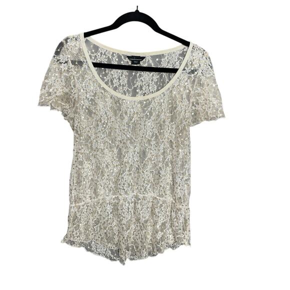 Moda International Tops - Y2K Cream Sheer Floral Lace &‎ Gold Sequin Shirt Size Large Fairycore Coquette